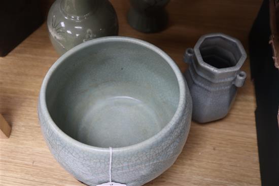 A Chinese celadon crackle glaze bowl and vase and two Korean celadon vases tallest 28cm